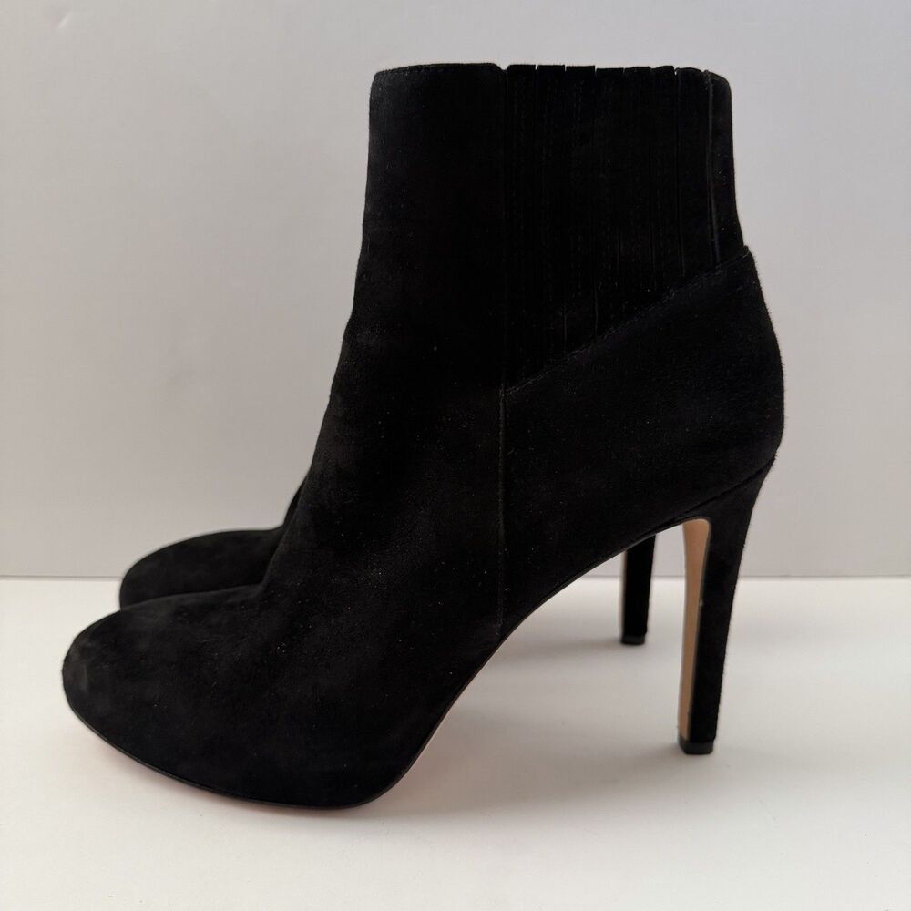 Via Spiga Black Suede Ankle Boots 9M Leather Stiletto Heel Side Zip Booties
